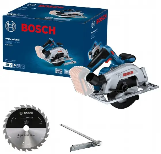 Akumulátorová okružná píla Bosch GKS 185-LI s pílovým kotúčom a paralelným dorazom v balení