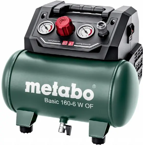 Zelený malý bezolejový kompresor Metabo Basic 160-6 W OF s manometrami