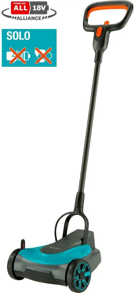 Malá akumulátorová kosačka Gardena HandyMower v tyrkysovom prevedení s dlhou rukoväťou