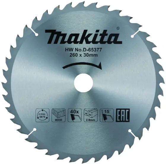 MAKITA Kotúč pílový D 260 x 30 mm na drevo (40 HM zubov) 2.6 mm rez - D-65377