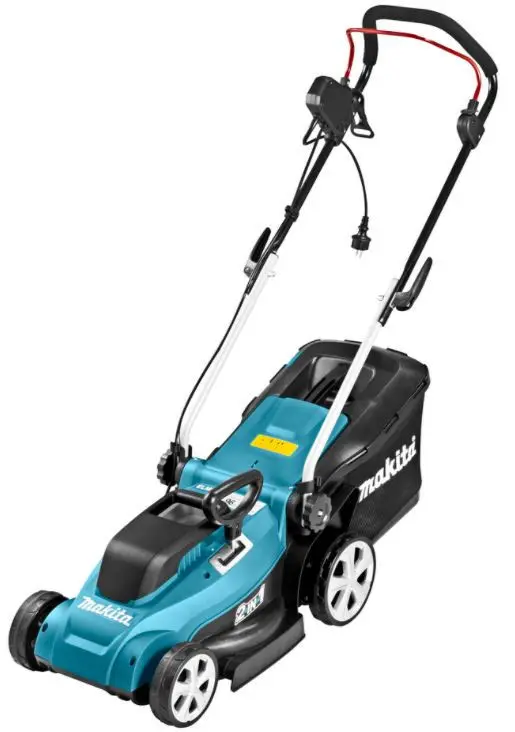 Elektrická kosačka Makita ELM3320 v tyrkysovom prevedení s látkovým zberným košom